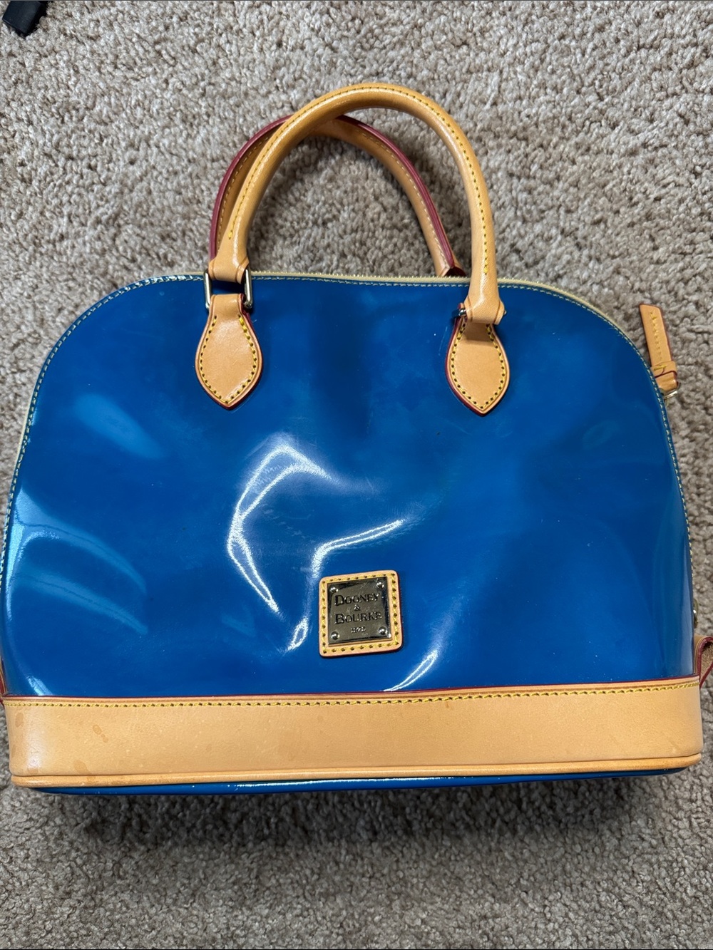 Dooney & Bourke Blue Patent Satchel with Tan Trim and Handles